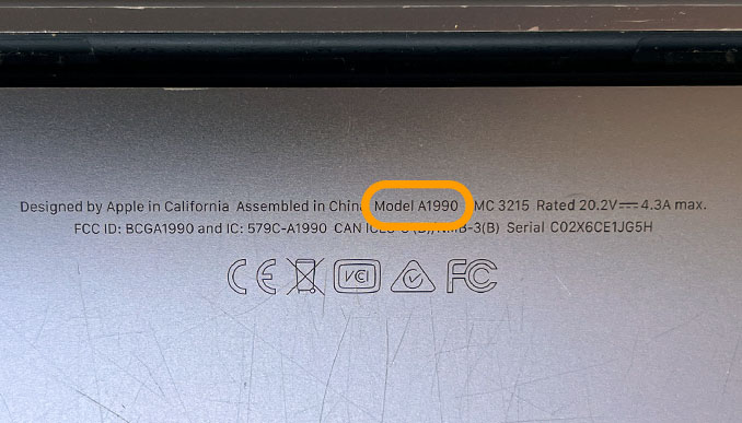 How to find the 2018 macbook pro model number A1990 on the back