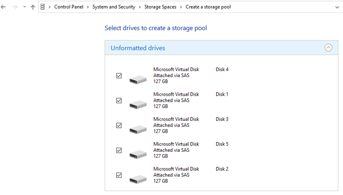 windows storage spaces select drives to create a storage pool