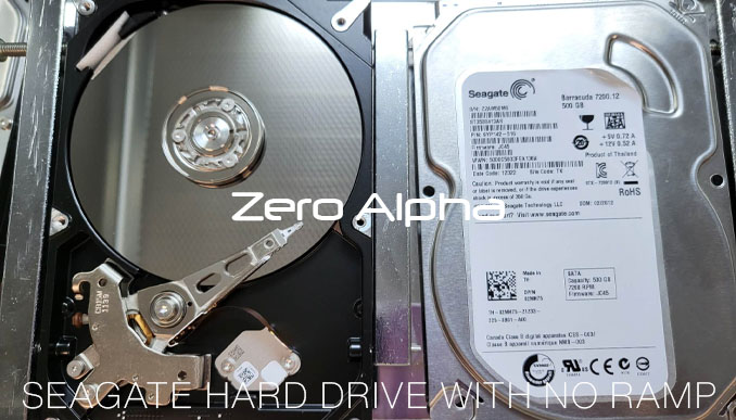 seagate hard drive opened to show that it does not have a head safety parking ramp