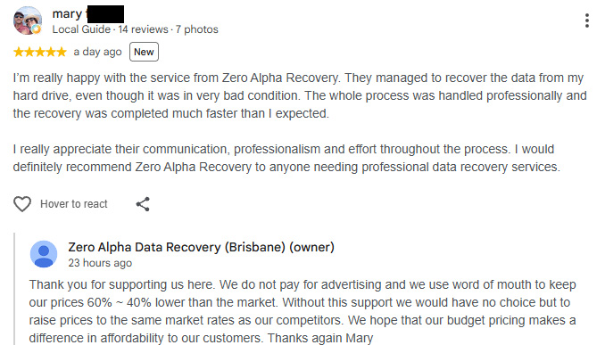 data recovery customer writes review on zero alpha