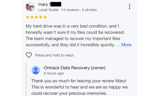 customer writes a data recovery review on the wrong company