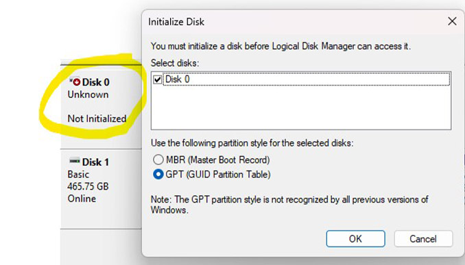 ssd not detected unknown not initialized you must initialize a disk before logical disk manager can access it